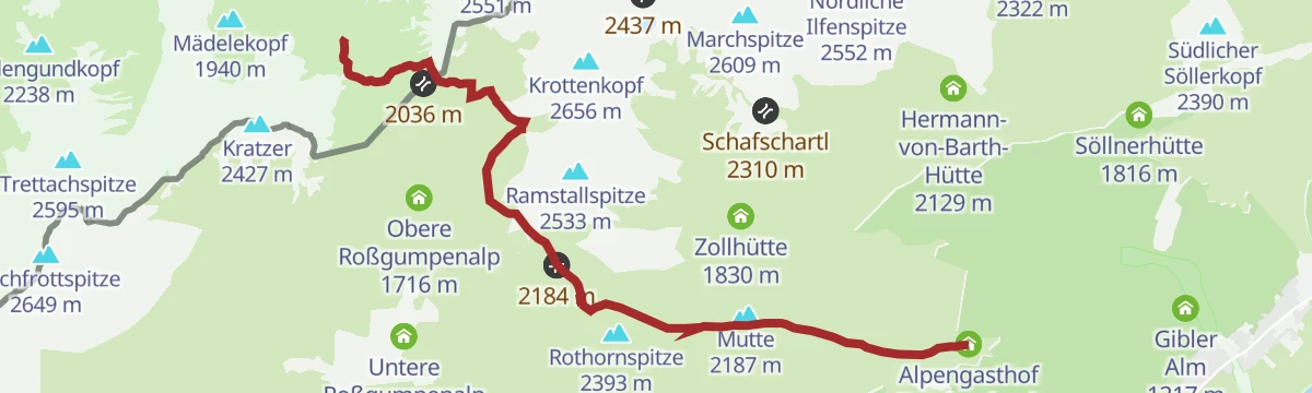 Route map: Kemptner Hütte - Mädelejoch - Gumpensattel - Panoramaweg - Bernhardseckhütte